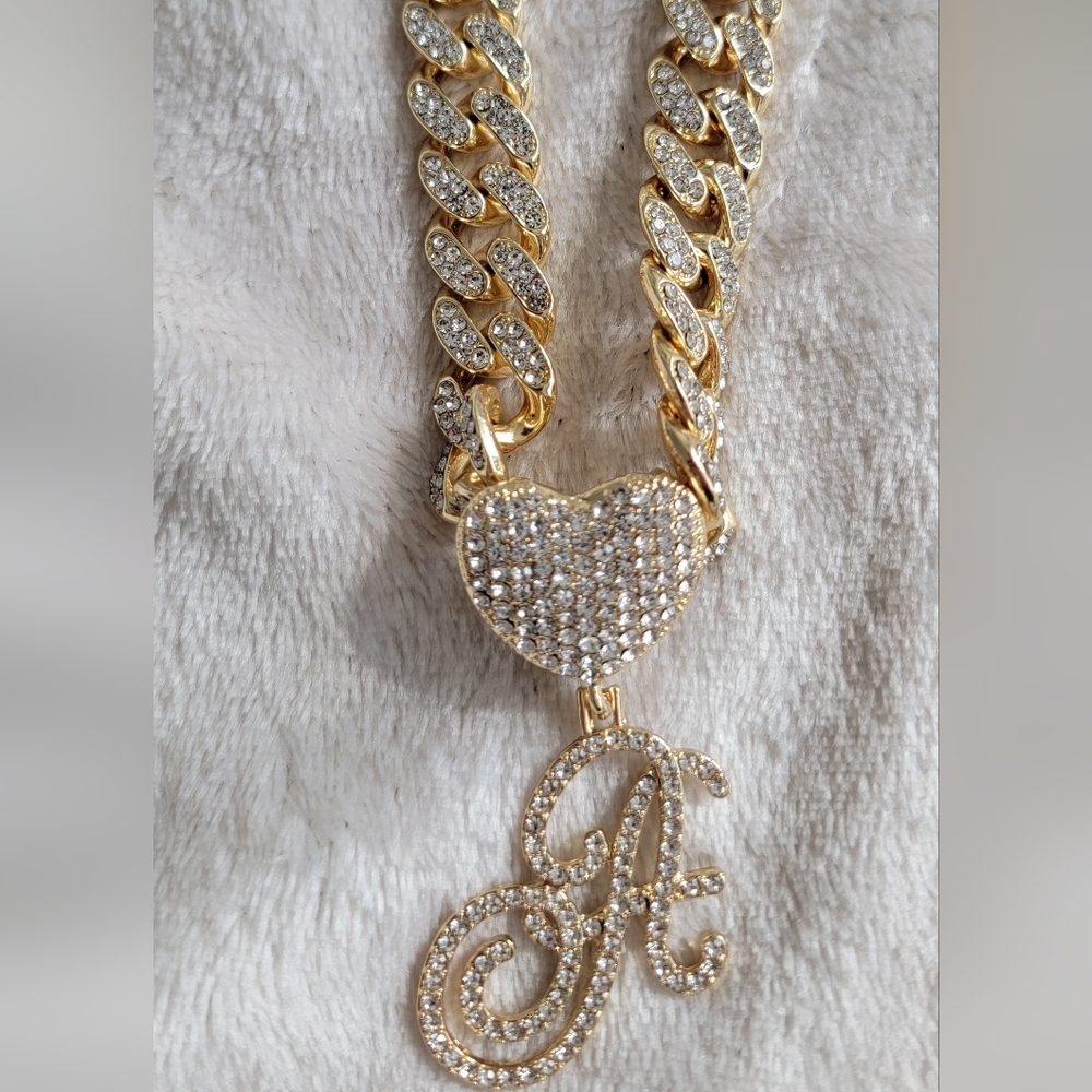 18K Gold Plated Iced Miami Cuban Link Chain With Heart/Cursive A Pendant - Picture 3 of 16